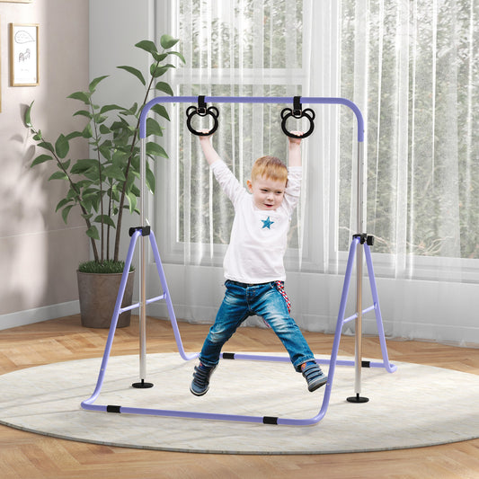 HOMCOM Adjustable Height, Foldable Kids Gymnastics Bar w/ Non-slip Rubber Floor Rings, for 3+ Years, Purple