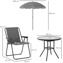 Outsunny 4 Seater Garden Furniture Set, 6 Pieces Garden Table and Chairs with Parasol, Outdoor Garden Dining Set with Folding Chairs and Round Glass Top Table for Patio, Grey