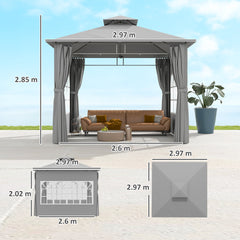 Outsunny 3 x 3 m Garden Gazebo, Double Roof Metal Gazebo with Removable Sidewalls and Church Windows, Outdoor Canopy Shelter, Light Grey