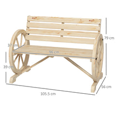 Outsunny Wagon Wheel Chair Bench Armrest Rustic Loveseat Wood Outdoor Garden, Natural