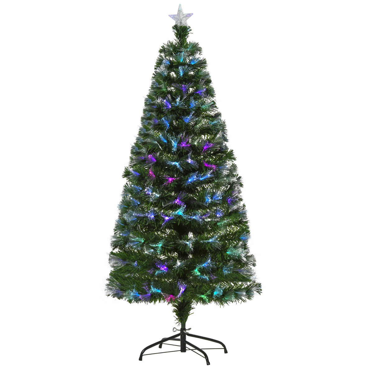 HOMCOM 5FT Multicoloured Artificial Christmas Tree w/ Fibre Optic Lights Pre-Lit Modes Metal Stand Star Holder Home Seasonal Decoration