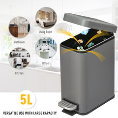 HOMCOM 5L Rectangular Compact Bin Steel Body Removable Bucket Quiet-Close Lid w/ Pedal Lid Rubbish Trash Can Home Office Bedroom Bathroom Living Room Garbage Tidy Clean Grey