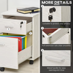 Vinsetto 2-Drawer Locking Office Filing Cabinet w/ 5 Wheels Rolling Storage Hanging Legal Letter Files Cupboard Home Organisation White Wood Grain