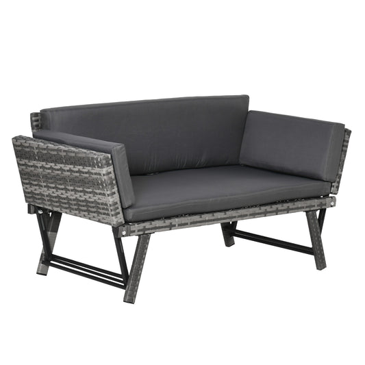 Outsunny 2 Seater Rattan Sofa with Cushions, 2-in-1 PE Rattan Daybed Sofa with Left Up or Down Armrests, Garden Chaise Lounger Loveseat for Outdoor, Patio, Mixed Grey