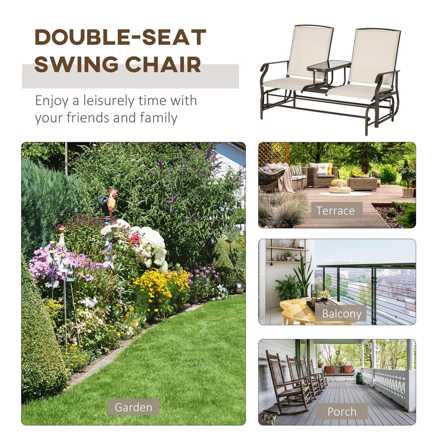 Outsunny 2 Seats Garden Glider Bench, Metal Frame Loveseat with Glass Top Centre Table, Porch Rocking Glider for 2 Person, for Deck, Patio, Brown/ Khaki
