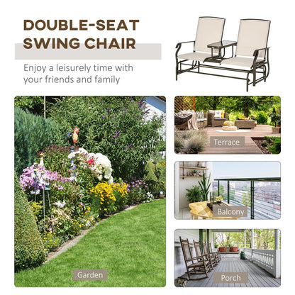 Outsunny 2 Seats Garden Glider Bench, Metal Frame Loveseat with Glass Top Centre Table, Porch Rocking Glider for 2 Person, for Deck, Patio, Brown/ Khaki