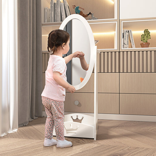 HOMCOM Free Standing Full Length Mirror, Child's Dressing Mirror with storage shelf, Children's White Bedroom Furniture 360√Ç¬∞ Rotation MDF, For 3- 8 Years Old, 40L x 30W x 104H cm