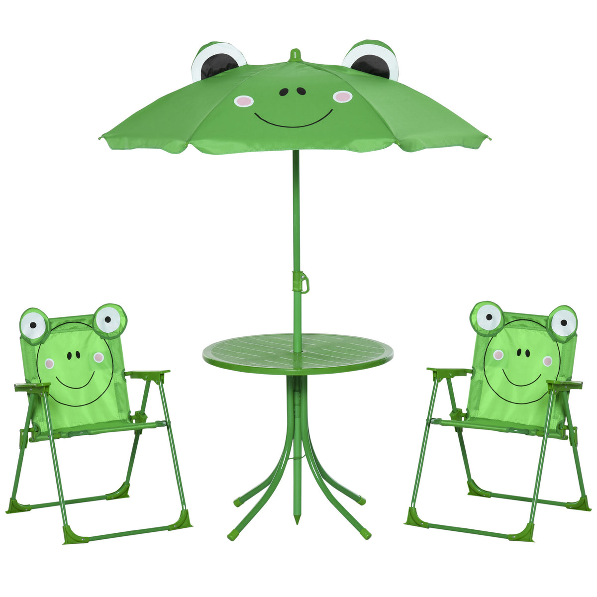 Outsunny Kids Outdoor Table and Chairs Garden Furniture Frog Pattern with Removable & Height Adjustable Sun Umbrella, Green