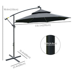 Outsunny 3(m) Cantilever Banana Parasol Hanging Umbrella with LED Solar lights, Crank, 8 Sturdy Ribs and Cross Base for Outdoor, Garden, Patio, Black