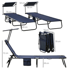 Outsunny Set of Two Folding Sun Loungers, with Adjustable Backs and Sun Canopies - Dark Blue