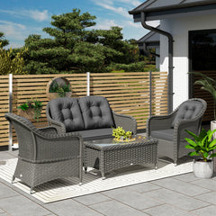 Outsunny Four-Piece Rattan Sofa Set, with Glass-Top Table - Light Grey