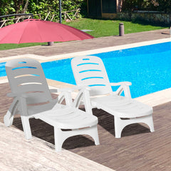 Outsunny 2PCs Outdoor Folding Sun Lounger Recliner on Wheels w/ 5-Position Backrest, White