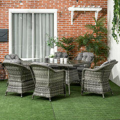 Outsunny 6 Seater Rattan Dining Set with Seat and Back Cushions, PE Rattan Garden Furniture Set, Outdoor Dining Table and Chairs, Rectangular Glass Top Table with Umbrella Hole, Grey