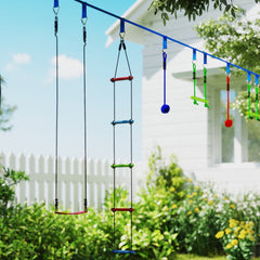 AIYAPLAY 10 Piece Zip Line Kit for Kids with 10m Slackline, Monkey Bars, Swing, Climbing Ladder, Hanging Tray, Metal Rings