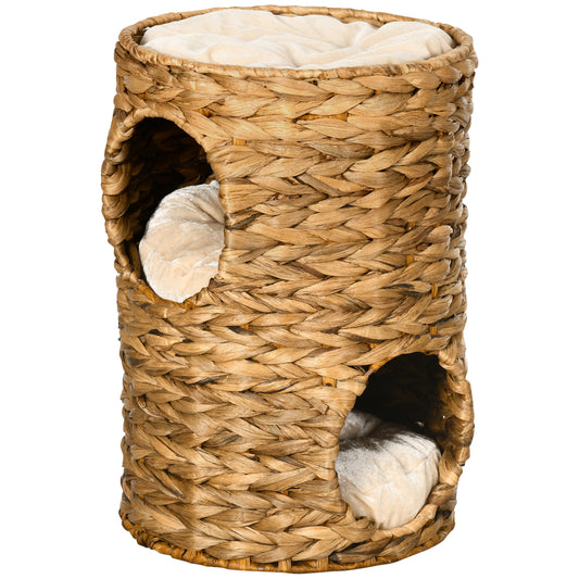 PawHut 47cm Cat Barrel Tree for Indoor Cats with 2 Condos, Kitten Tower with Cushion - Light Brown