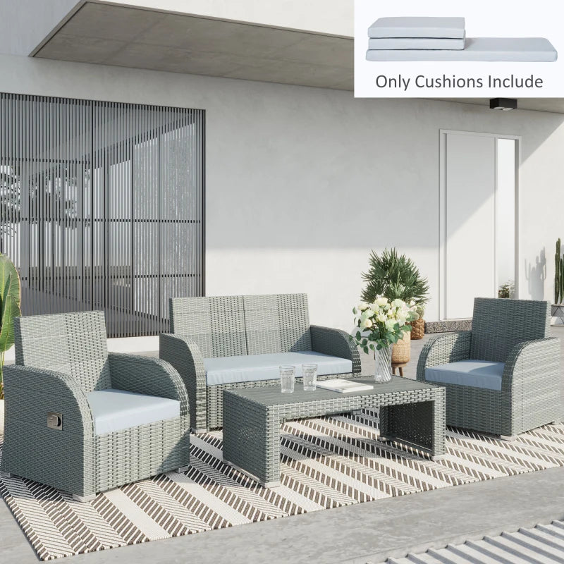 Outdoor furniture set with cushions on a patio area.