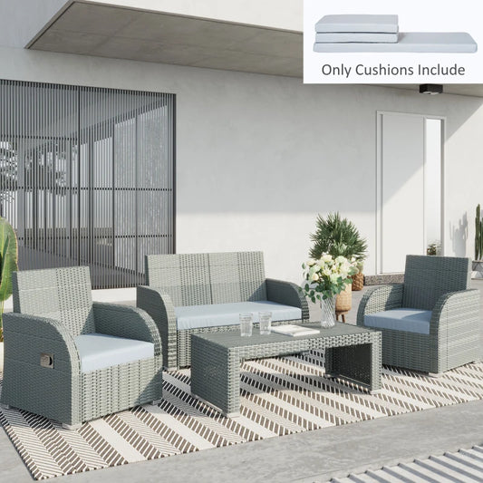 Outdoor furniture set with cushions on a patio area.