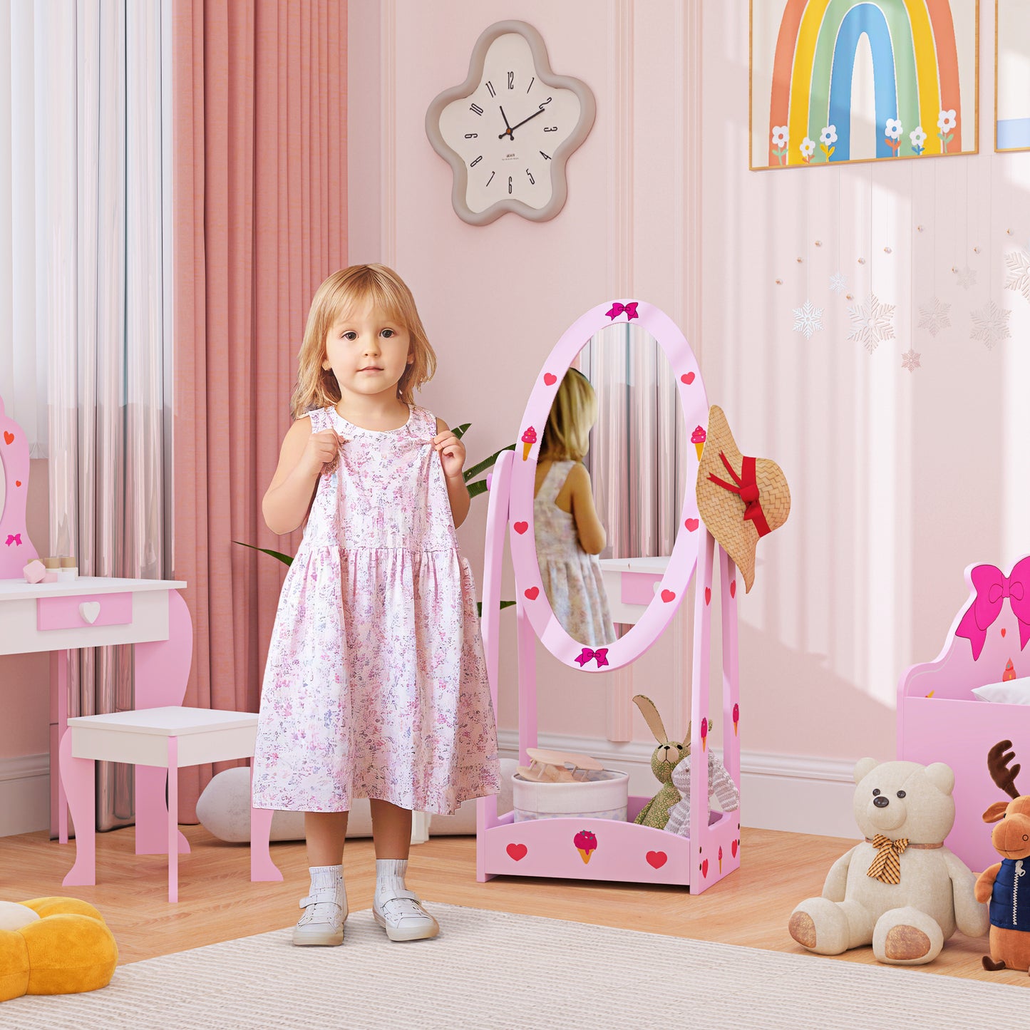 AIYAPLAY Kids Full Length Mirror, 360√Ç¬∞ Rotating Children Standing Mirror with Storage Shelf, Pink