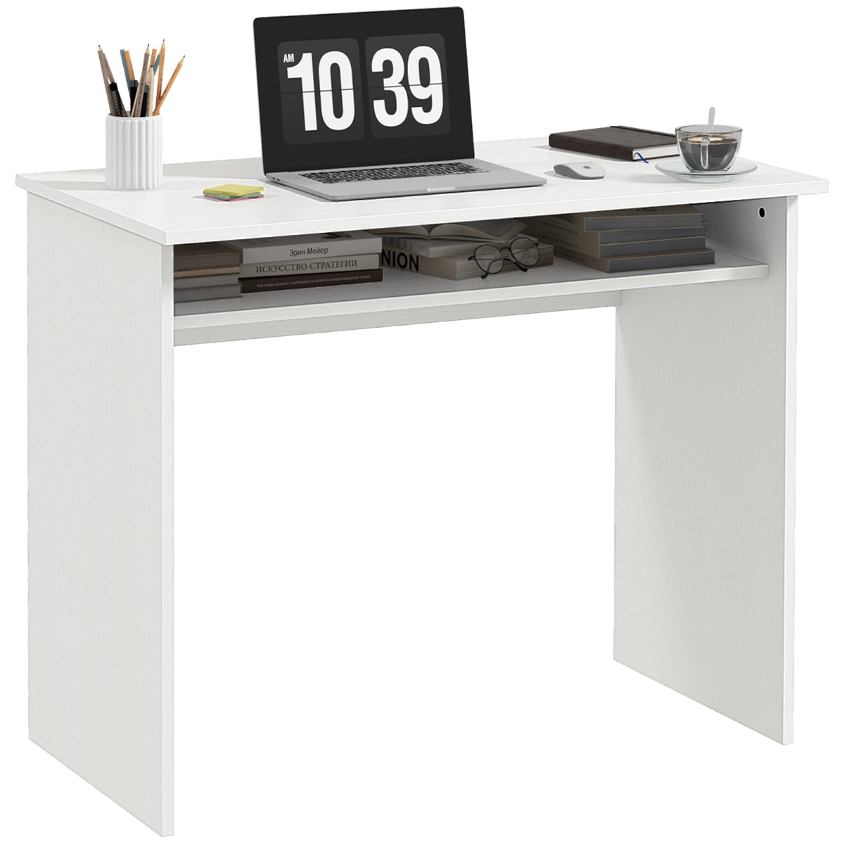 HOMCOM Modern Computer Desk, Home Office Table, Small Writing Desk with Storage Shelf, 90 x 50cm, White Wood Grain