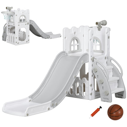 AIYAPLAY 4 in 1 Toddler Slide with Basketball Hoop, Climber, Telescope, Storage Basket, for Ages 1-3 Years, Grey