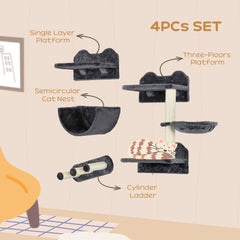 مجموعة من 4 رفوف حائطية للقطط من PawHut مع عمود خدش وأرجوحة وعش - رمادي غامق