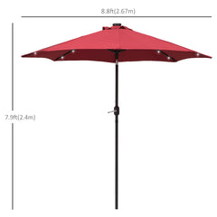 Outsunny 2.7m Patio Garden Umbrella Outdoor Parasol with Tilt Crank and 24 LEDs Lights (Red)