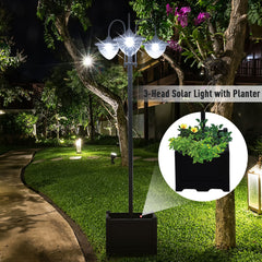 Outsunny 189cm 3-head Solar Lamp Post, Street Light with Planter, Automatic-on, 6 Hour Max Outdoor Ready LED Lighting, Black