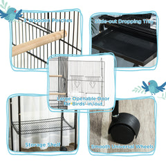 PawHut Bird Cage Budgie Cages for Finch Canary Parakeet with Stand Wheels Slide-out Tray Accessories Storage Shelf, Black