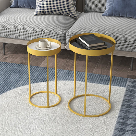 HOMCOM Nest of Tables, Round Coffee Table Set of 2, Nesting Tables with Embedded Tabletop and Metal Frame, Gold Side Table for Living Room, Bedroom