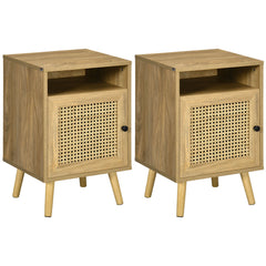 HOMCOM Bedside Table with Rattan Element, Side End Table with Shelf and Cupboard, 39cmx35cmx60cm, Set of 2, Natural