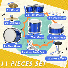 AIYAPLAY 11-Piece Kids Drum Kits w/ Stool, Drumsticks, Pedal, Cymbals, for 3-6 Years, Blue