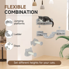 PawHut 4-Piece Cat Wall Shelves with Steps, Ladder, Jumping Platforms, Light Grey