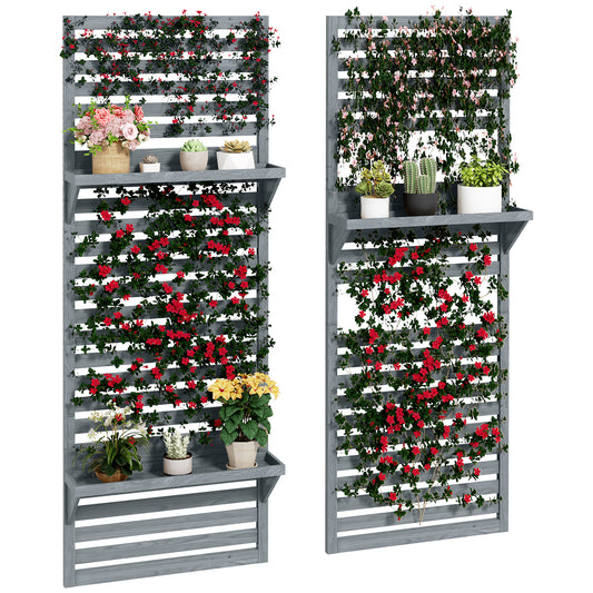 Outsunny Wall Mounted Plant Stands Set of 2, Fir Wood Flower Stand with Shelves and Slatted Trellis for Patio, Balcony, Porch