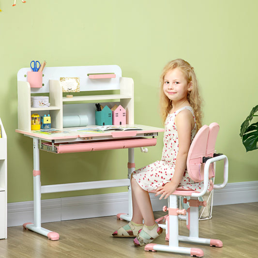 HOMCOM Kids Desk and Chair Set, with Storage Shelves, Washable Cover, for Ages 3-12 Years - Pink