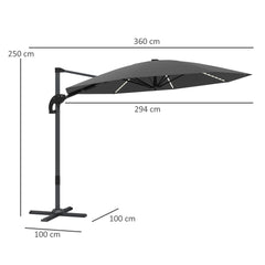 Outsunny 3(m) Cantilever Garden Parasol with Solar Powered Lights, Crank Handle & Cross Base, UPF 50+, 360√Ç¬∞ Rotation, Dark Grey