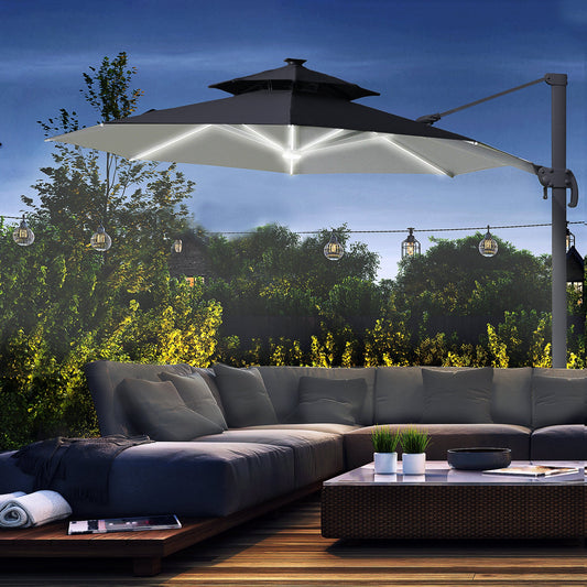 Outsunny 3m Cantilever Parasol w/ Solar Lights Power Bank Base 360√Ç¬∞ Spin Dark Grey