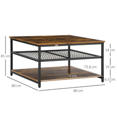 HOMCOM Coffee Table, Living Room Table with 3-Tier Storage Shelves, Square Tea Table for Home Office, Rustic Brown