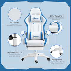 Vinsetto Computer Gaming Chair, PU Leather Desk Chair with Footrest, Swivel Task Chair with 135√Ç¬∞ Reclining Back and Lumbar Support, PC Chair for Adults, White and Blue