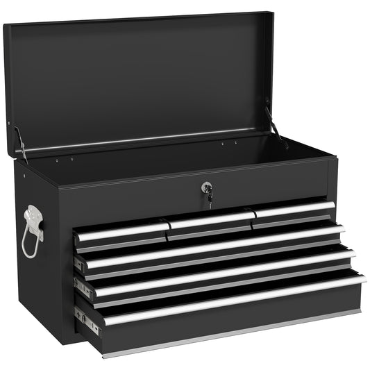 HOMCOM Steel Six Drawer Tool Storage Carry Chest, with Lock and Keys - Black