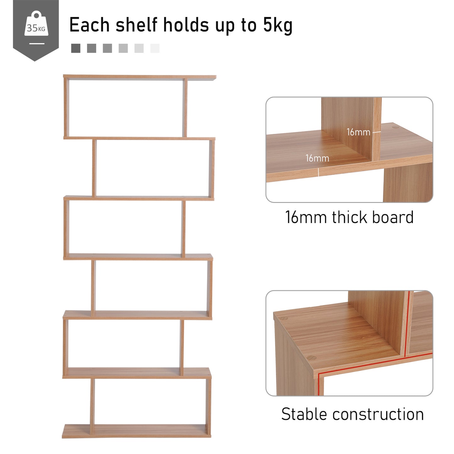 HOMCOM Bookcase, 6 Tier Shelf S Shaped Bookshelf, Storage Unit, Display Shelf for Living Room, Bedroom, Home Office, Plant, Maple