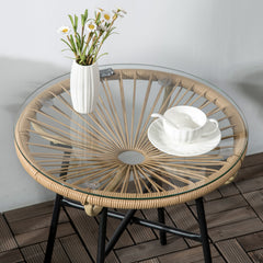 Outsunny Rattan Side Table, Round Outdoor Coffee Table, with Round PE Rattan and Tempered Glass Table Top for Patio, Garden, Balcony, Beige