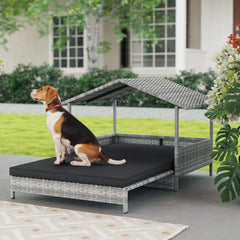 PawHut Extendable Elevated Dog Bed, Rattan Dog House, with Water-Resistant Roof, Removable Cushion, Charcoal Grey