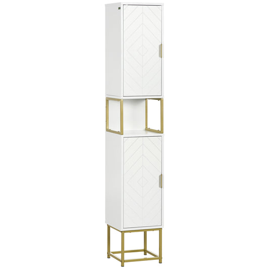 kleankin Narrow Bathroom Storage Cabinet, Freestanding Tallboy Storage Unit with Adjustable Shelf, 2 Doors and Steel Base, Slim Corner Organizer, White