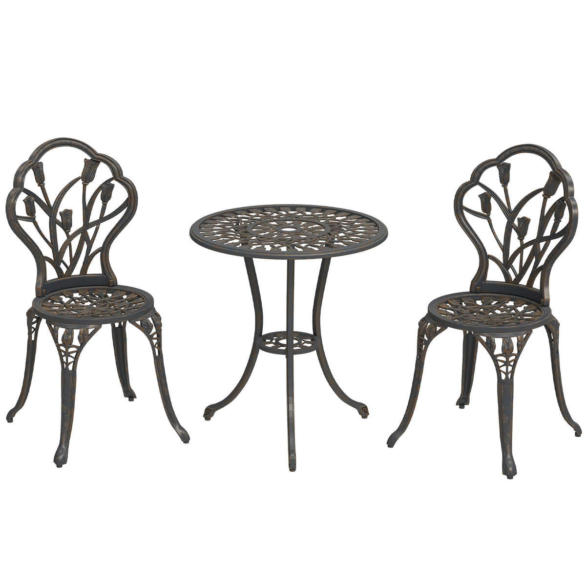 Outsunny 3 Piece Patio Bistro Set for 2, Outdoor Aluminium Garden Table and Chairs with Umbrella Hole for Balcony, Bronze Tone