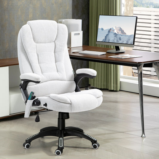 Vinsetto Massage Recliner Chair Heated Office Chair with Six Massage Points Linen-Feel Fabric 360√Ç¬∞ Swivel Wheels Cream White