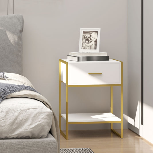 HOMCOM Bedside Table, Modern Side Table with Drawer and Shelf, Nightstand for Bedroom, White