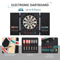 HOMCOM Electronic Dartboard Set, 27 Games Modes and 202 Variations, LED & 12 Soft Tip Darts and Cabinet to Storage, Ready-to-Play Multi-Game Option Darts Machine