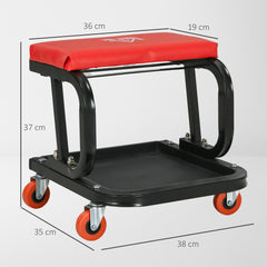 HOMCOM Workshop Stool, Rolling Mechanic Stool with 360 Degree Swivel, Padded Seat, Tool Tray, for Garage, Workshop, Auto Repair, Red