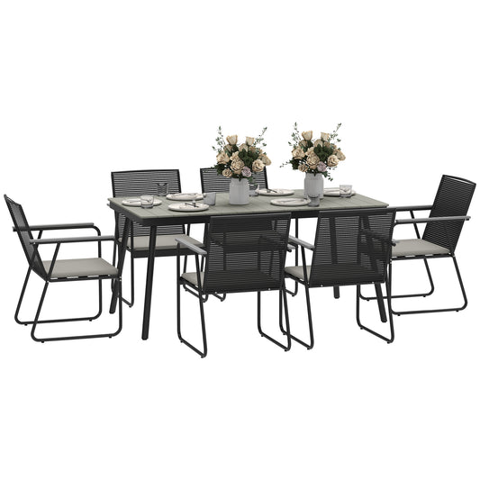 Outsunny 6 Seater Garden Dining Set with Soft Cushions, Rattan Backrest, Rectangular Plastic Top, Garden Furniture Set, Outdoor Dining Table and Chairs for Patio, Balcony, Poolside, Grey