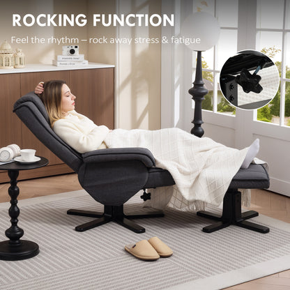 HOMCOM Rocker Swivel Recliner Chair with Footstool - Charcoal Grey Linen